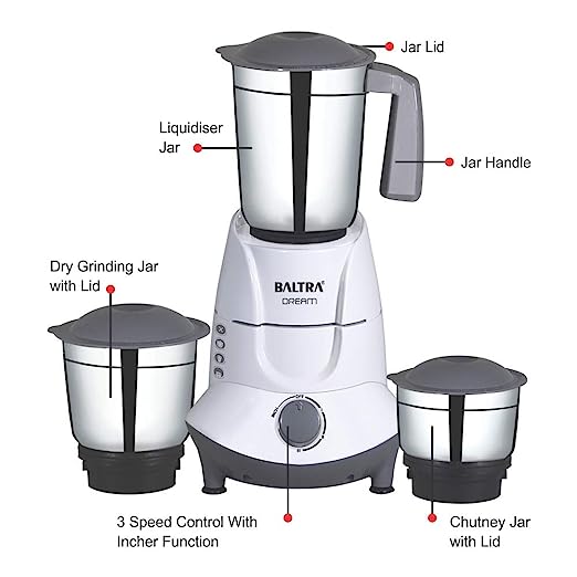 BALTRA Dream 3 Jar 550Watt Mixer Grinder, white (BMG-156) BALTRA Dream 3 Jar 550Watt Mixer Grinder, white (BMG-156)
